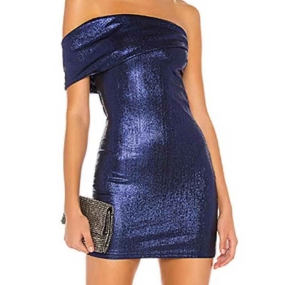 Revolve Superdown Blue Metallic Tamia Asymmetrical Mini Dress